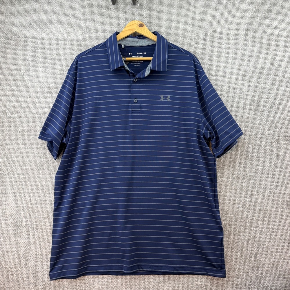 Under Armour Playoff Polo Mens XL Blue Striped HeatGear UPF‎ 30 Stretch Golf
